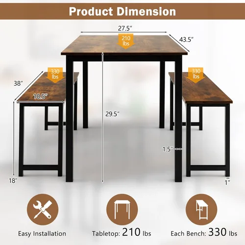 Vista 3 de LDAILY Moccha - Juego de mesa de comedor para 4, mesa de cocina con bancos, juego de comedor de madera de 43 pulgadas que ahorra espacio con marco