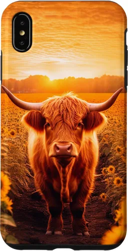 Vista 7 de iPhone 12 mini Estética Scottish Highland Cow In Sunflower Field Sunset Case