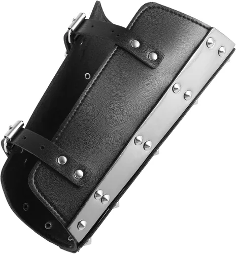 Vista 5 de HZMAN Protectores de brazo de cuero sintético para adultos, brazaletes medievales estilo armadura de metal, talla única, par de brazaletes de cuero
