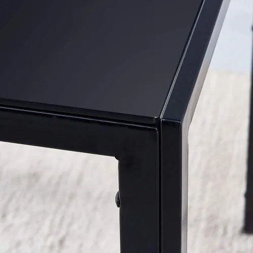 Vista 4 de Juego de 5 sillas de mesa de comedor, mesa de comedor rectangular de cristal negro y 4 sillas de comedor de piel sintética negra, juego de comedor