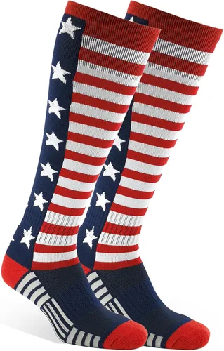 Vista 3 de BUENWAZ Calcetines altos hasta la rodilla con la bandera americana, patrióticos por encima de la pantorrilla, para béisbol, fútbol, sóftbol