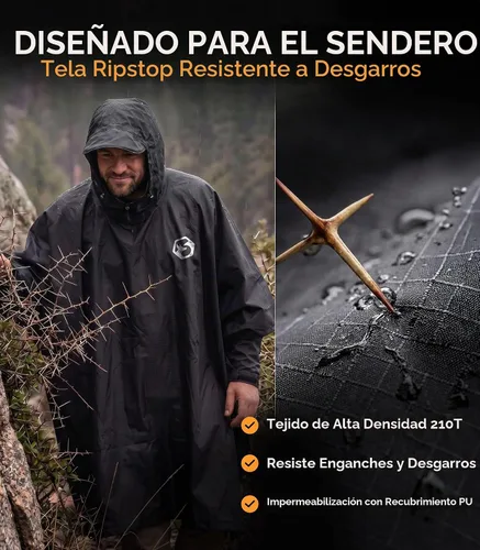 Vista 3 de Foxelli Poncho de lluvia para adultos – Chubasquero impermeable extra largo reutilizable con capucha, ligero para senderismo, campamento, al aire