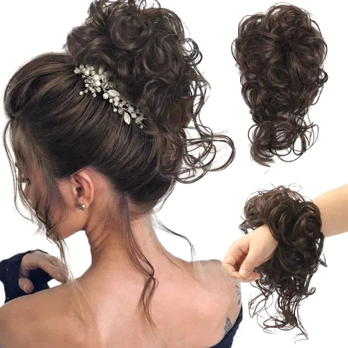 Vista 23 de 2 piezas de Extensiones de Cabello Estilo Moño Despeinado, QIAORUIXIN Extensiones de Cabello Superlargas Estilo Moño Alborotado, Envoltura Ondulada
