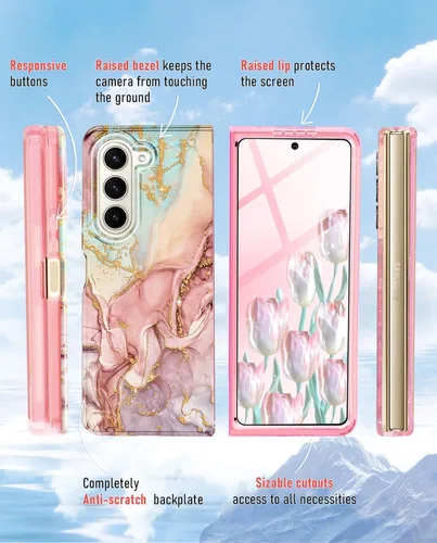 Vista 6 de Btscase Funda para Samsung Galaxy Z Fold 5, protector de pantalla frontal integrado, patrón de mármol dorado con purpurina de policarbonato duro