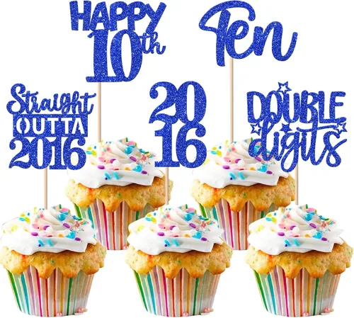 Vista 25 de 30 piezas negras para cupcakes de 10.º cumpleaños con purpurina Ten Happy 10 Straight Outta 2016 para saludos a 10 años 10 cumpleaños, boda Negro