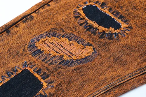 Vista 4 de utcoco Jeans clásicos de mezclilla para hombre, corte ajustado, cintura media, pierna recta, rasgados, desgastados, con parches de mezclilla clásicos