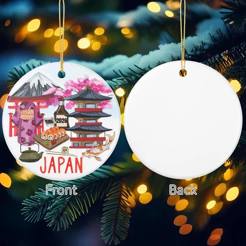 Vista 3 de Adorno de Navidad con collage de iconos culturales de Japón, cerámica de 3 pulgadas