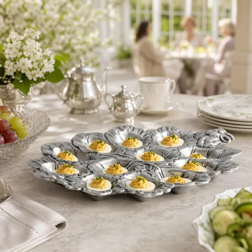 Vista 6 de Arthur Court Bunny Deviled Egg Holder - Recipiente de metal de aluminio para reuniones de Pascua, 12 x 8.5 pulgadas