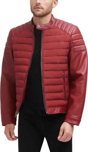 Vista 2 de DKNY Chaqueta acolchada de cuero sintético para hombre de motocros Racer