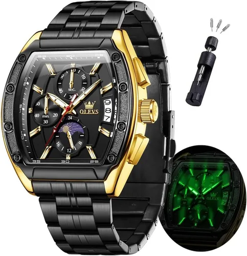 Vista 8 de OLEVS Watch Men Big Square Face Chronograph Stainless Steel Dress Watch Todo negro