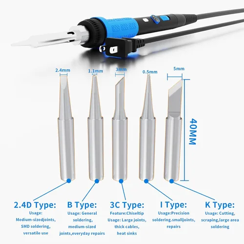 Vista 3 de 908B - Kit de soldador azul de 60 W, herramienta de soldadura de temperatura ajustable con 5 puntas intercambiables y soldadura, calentamiento