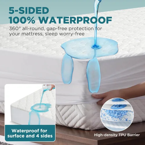 Vista 3 de Protector de colchón impermeable de 5 lados, funda de colchón acolchada de rayón de bambú, sábanas bajeras transpirables y refrescantes sin ruido