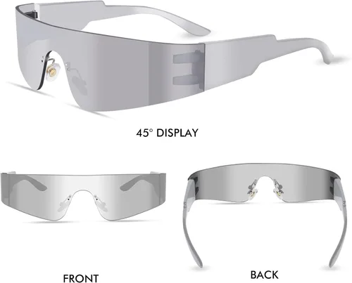 Vista 5 de milramtob Gafas de sol futuristas envolventes Y2K plateadas, de moda, sin marco, gafas Cyberpunk para mujeres y hombres, fiesta rave