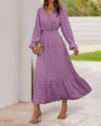 Vista 9 de BTFBM Vestidos de otoño 2023 para mujer, manga larga, cuello en V, lunares suizos, vestido largo bohemio, vestido largo de cintura alta, vestido