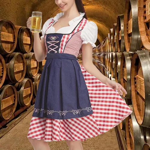 Vista 3 de BBAUER Vestido de Oktoberfest, Vestido de tirolesa para niña, Oktober tradicional para mujer, Vestidos alemanes tradicionales a cuadros, Cerveza
