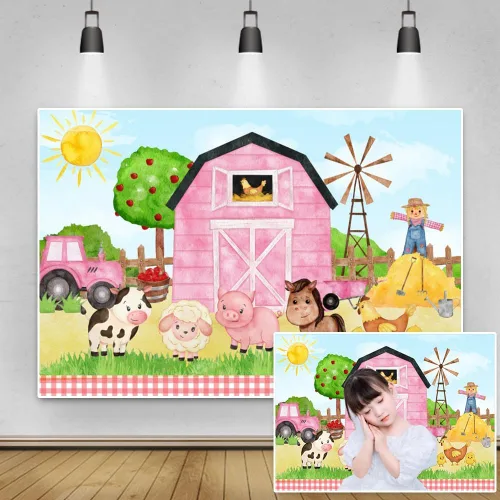 Vista 2 de Fondo de dibujos animados de animales de granja de 5 x 3 pies para fiesta de granero rosa para niñas, baby shower, cumpleaños, fotografía, fondo