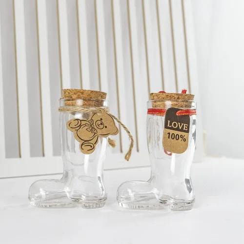 Vista 5 de Tarros de vidrio con forma de zapato de 1.35 onzas con tapas de corcho, botellas de vidrio con corcho, botella de vidrio decorativa con tapón
