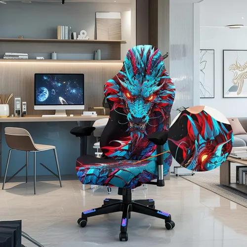 Vista 4 de Blacklight - Funda para silla de juegos – Funda para silla de juegos electrónicos de dragón neón reactivo a los rayos UV, protector de silla