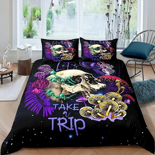 Vista 20 de Juego de funda de edredón psicodélico de fantasía con diseño de hongos psicodélicos, galaxia, verde cielo, morado, diseño de hongos estrellados, #1