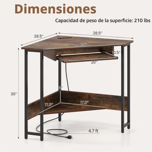 Vista 3 de Tangkula Escritorio esquinero con bandeja para teclado, escritorio de esquina triangular de 90 grados para espacio pequeño, escritorio industrial