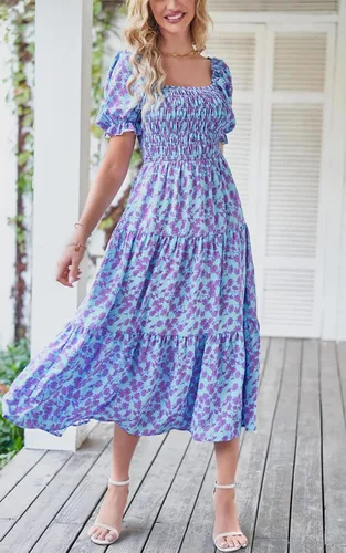 Vista 7 de PRETTYGARDEN Vestidos de verano con estampado floral bohemio para mujer, cuello cuadrado, manga abombada, acampanado, vestido largo casual fruncido