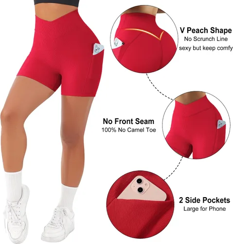 Vista 2 de OMKAGI Pantalones cortos de entrenamiento con cintura en V para mujer, con bolsillos, 4 pulgadas, acanalados, sin costuras, cintura alta, pantalones