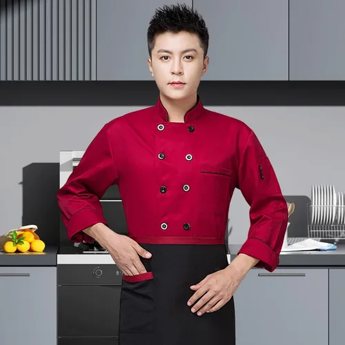 Vista 3 de Chaqueta de chef unisex, color de contraste, ropa de cocina, abrigo de chef de manga larga, uniforme de chef para trabajo