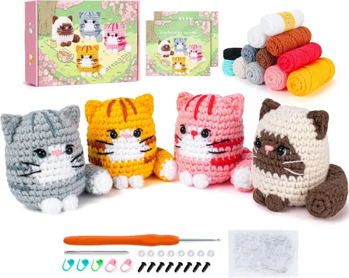 Vista 7 de Fortuning's JDS Kit de ganchillo para principiantes, paquete de 4 divertidos kits de ganchillo para gatos, kit de ganchillo para principiantes