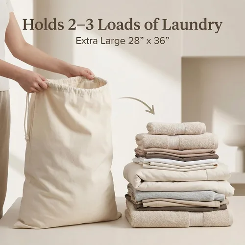 Vista 2 de Urban Villa Bolsa de lavandería 1 paquete de bolsa de lavandería extra grande de lona resistente, bolsas de lavandería de algodón natural, multiuso