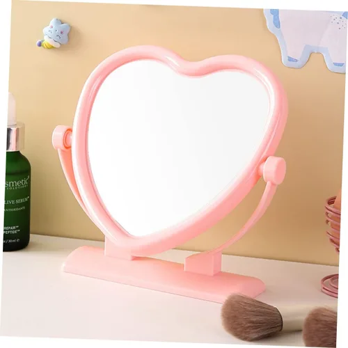 Vista 6 de Outanaya Espejo de mesa en forma de corazón de doble cara rosa tocador de escritorio decorativo espejo de 2 lados