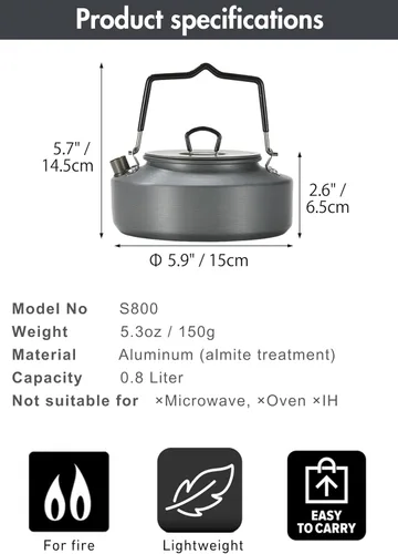 Vista 6 de CAMPINGMOON 0.8L Camping Hervidor Cafetera Tetera Portátil Ultraligero S800