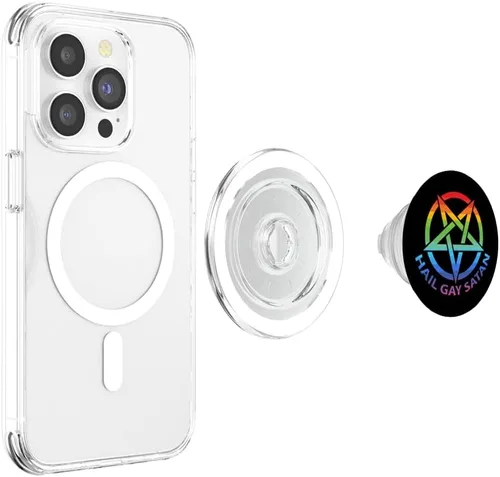 Vista 4 de PopSockets MagSafe PopGrip para iPhone con texto en inglés «Hail Gay Satanás»