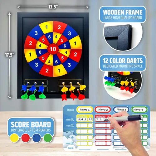 Vista 3 de HMmagnets Tablero de dardos magnético grande y seguro (marco de madera) para niños y adultos, juego divertido para hasta 4 jugadores, incluye 12