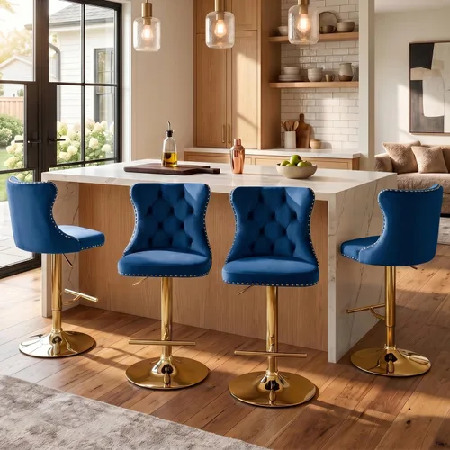 Vista 241 de SoarFlash Juego de 2 taburetes de bar tapizados de terciopelo moderno con patas de madera, botones acolchados, cabeza de clavo cromada, asiento