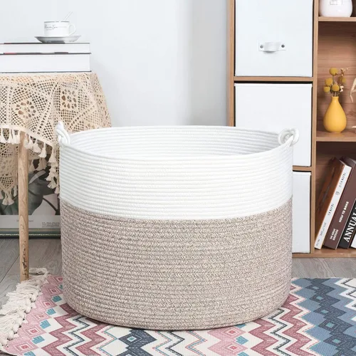 Vista 8 de MINTWOOD Design Cesta decorativa extragrande de 22 x 16 pulgadas de cuerda de algodón tejida para sala de estar con asas y cesta de lavandería