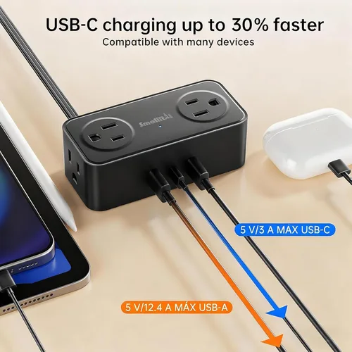 Vista 3 de SMALLRT - Regleta de alimentación con USB, cable de extensión plano de 2 piezas con múltiples tomas, barra de alimentación de enchufe plano de 3.3