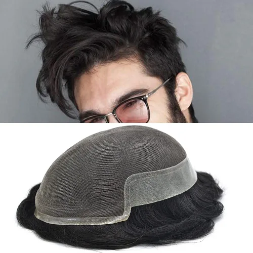 Vista 42 de Tupé de encaje suizo para hombres, piezas de cabello humano real, encaje frontal, sistema de reemplazo de cabello tipo tupé, nudo blanqueado, línea