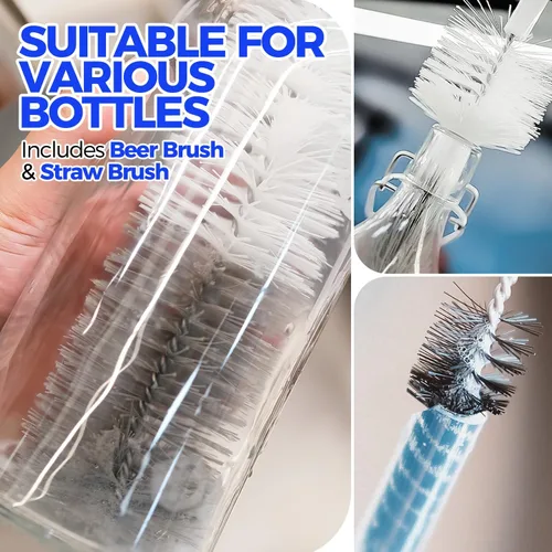 Vista 4 de Holikme Juego de 10 cepillos de limpieza de botellas, cepillo limpiador de botellas con mango largo de 15", cepillo de botella de agua con mango