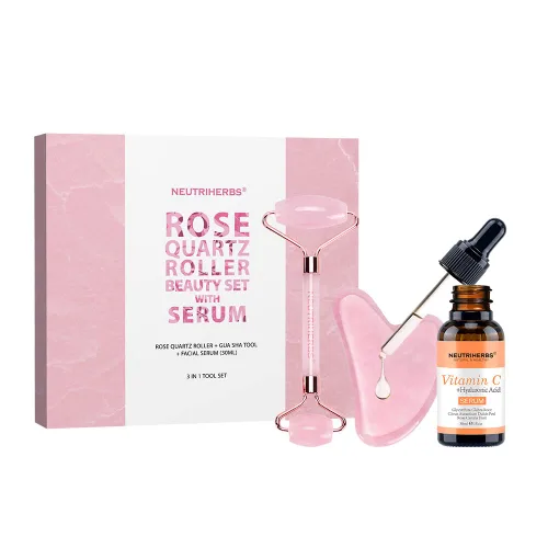 Vista 12 de NEUTRIHERBS Jade Gua Sha y rodillo facial y suero de vitamina C Set de herramientas faciales (kit 3 en 1), masajeador facial casero para arrugas