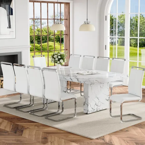 Vista 14 de Ebullient - Juego de mesa de comedor de mármol de 79 pulgadas para 6, mesa con patrón de mármol blanco de 3.5 pulgadas con base de MDF estable