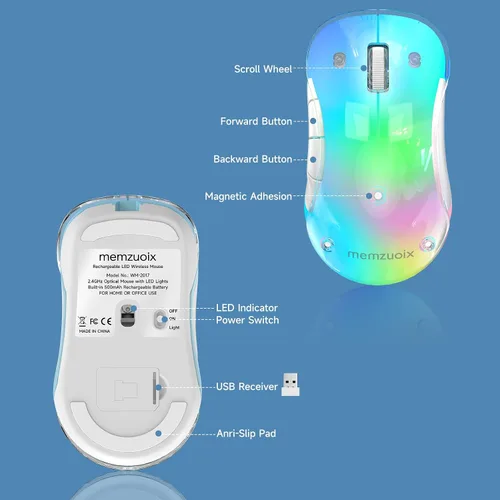 Vista 9 de memzuoix Mouse inalámbrico de 2.4G con cubierta personalizable y LED de 9 colores, ergonómico recargable, 1400 DPI, 5 botones, receptor USB para Azul