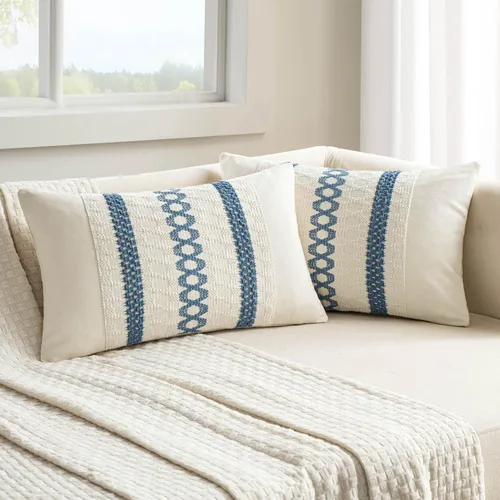 Vista 11 de MIULEE Fundas de almohada lumbares decorativas bohemias, cojín de algodón retro, tejido rustico de macramé para el hogar para cama, sofá, silla, Azul