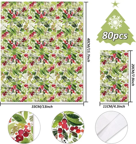 Vista 2 de Servilletas de papel desechables de 3 capas con diseño de muérdago en acuarela para Navidad, invierno, bayas, cena, servilletas de mano