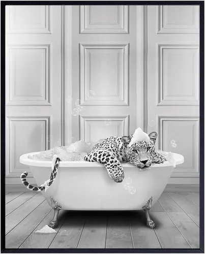 Vista 9 de Arte y decoración de pared de baño con estampado de leopardo, decoración de baño pequeño con gato grande, bonita decoración estética de habitación