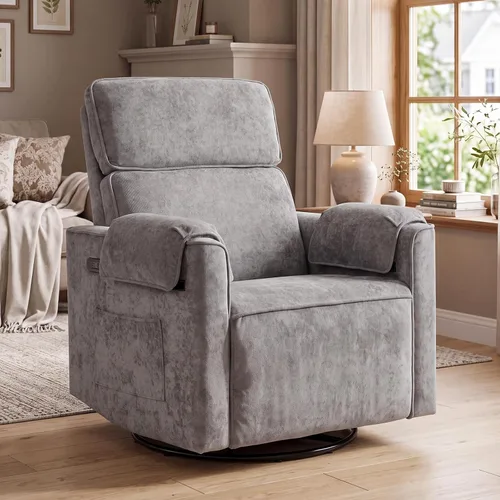 Vista 10 de Silla reclinable Power Rocker de gran tamaño, reclinable giratorio extra ancho de 24 pulgadas con reposacabezas ajustable, silla mecedora de Crema