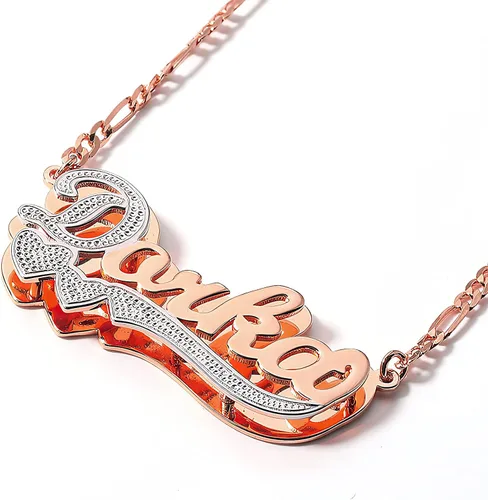 Vista 3 de Drawelry Collar con nombre personalizado de dos tonos, placa de oro de 18 quilates, doble chapado en corazón hecho en corazón, collar con dije