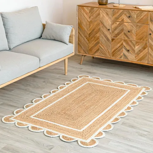 Vista 7 de Alfombra festoneada de yute natural, base natural, borde blanco hueso, 2 x 3