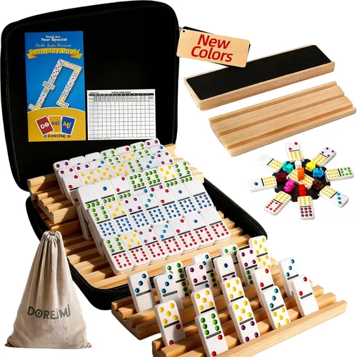 Vista 11 de Doreimi Juego de Dominó Doble 6 para Adultos con 4 Estanterías de Madera y 28 Azulejos Juego de Dominó de Viaje Juego de Mesa Clásico para Noche