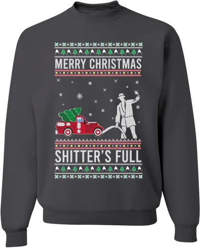 Vista 32 de Wild Bobby Sudadera con gráfico de cuello redondo con texto en inglés "Merry Christmas Shitter's Full Funny Ugly Christmas" Negro (black Hoodie)