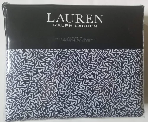Vista 5 de Lauren Ralph Lauren Juego de sábanas con estampado de hojas de 230 hilos 100% algodón de 4 piezas (gris, queen)